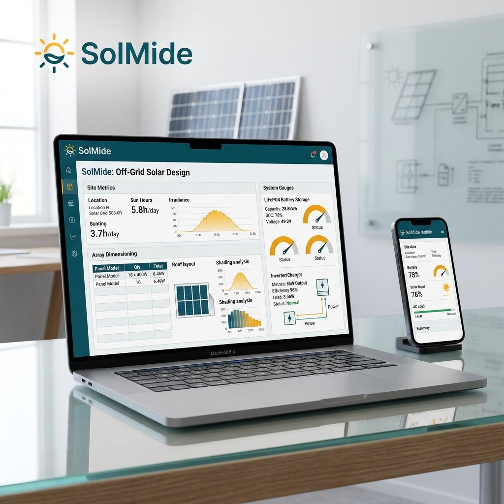 SolMide Planilla de Dimensionamiento Solar Off-Grid en Laptop y Smartphone
